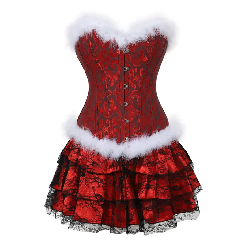 

Sexy Santa Corset Lingerie with Skirt Santa Costumes for Women Christmas Black Red Feather Corset Bustier Party Costumes Dress