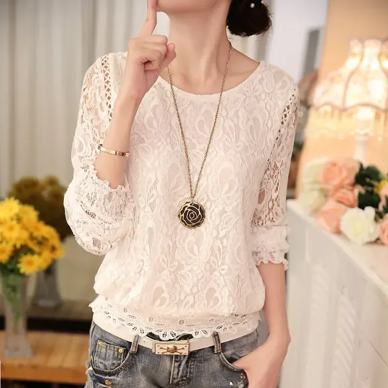 Women Long Sleeve Chiffon Lace Blouse Spring Autumn Elegant New Tops Ladies White Crochet Blusas Shirt Clothing Feminine 51C