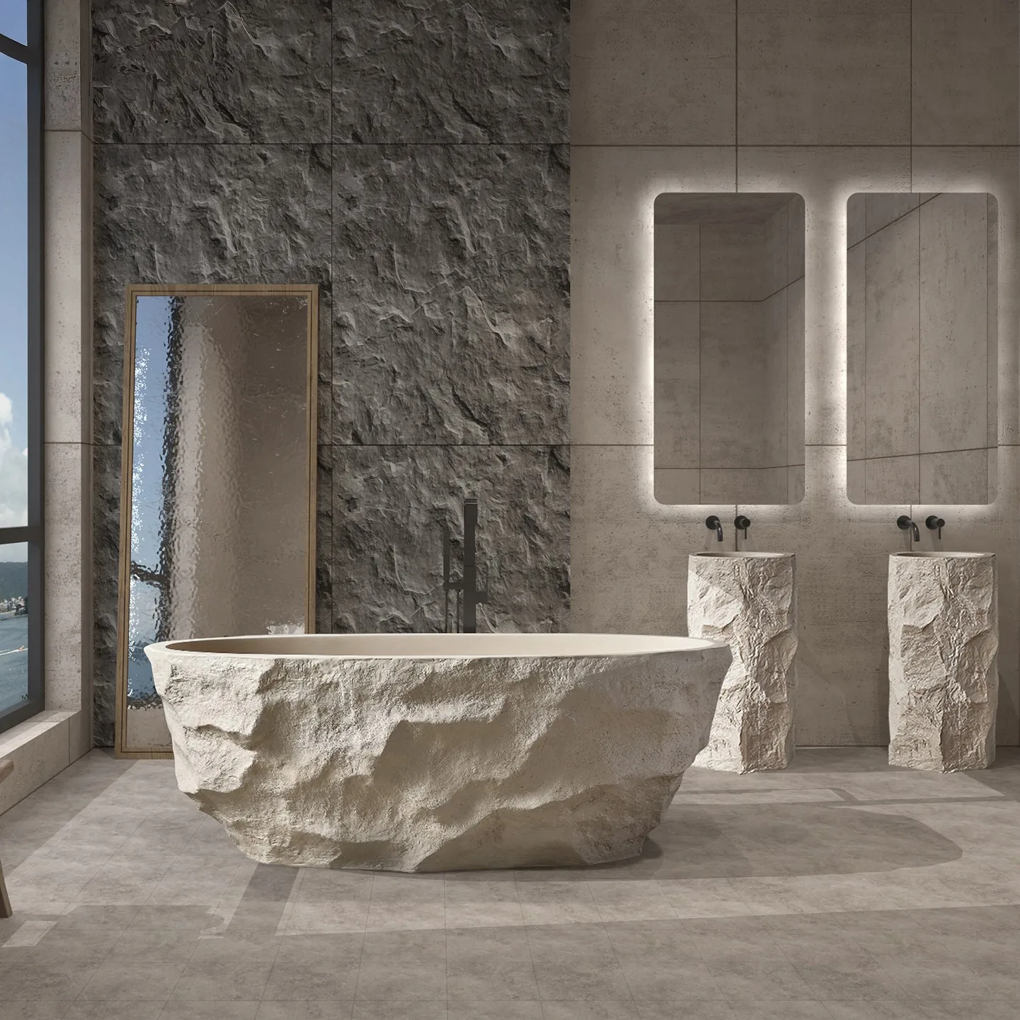 Onehappy Freestanding Rock Texture Bathtub 1710X780X580mm One Piece Molding Eco Friendly Antibacterial Skin Friendly Heat Preser