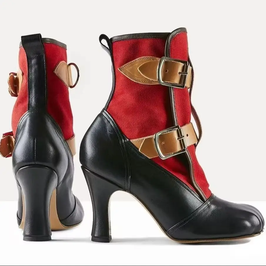 Retro Style Round Toe Mid-Calf Mixed Colors Belt Buckle Women Boots Chunky High Heels Buckle Strap Design Large Size Shoe