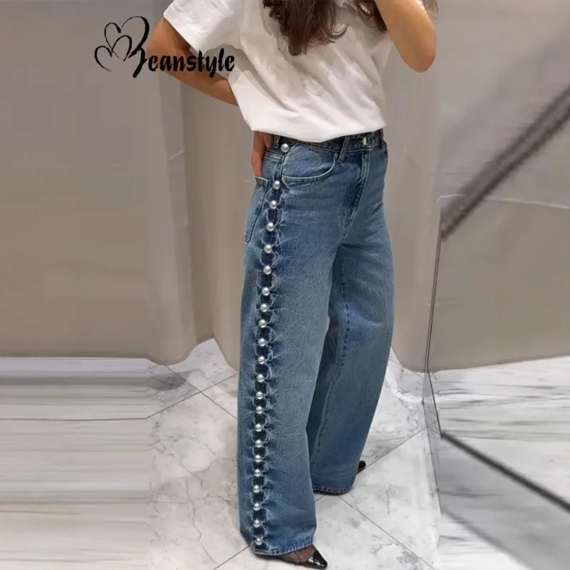 

2025 New Women'S Jeans High Waist Vintage Beading Y2K Pearls 2000S Straight Wide-Legged Pants Girls Blue Trousers Punk Grunge