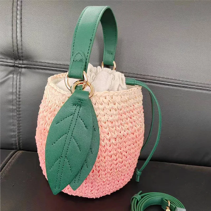 Cute versatile peach shape handwoven vegetable basket summer paper rope slope style peach bag ladies beach handheld fruit bag