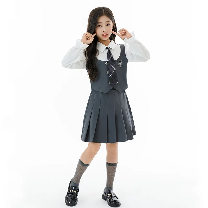Tenue deux pièces pour écolières, automne coréen, Patchwork, haut à manches longues, jupe plissée, ensembles pour enfants filles