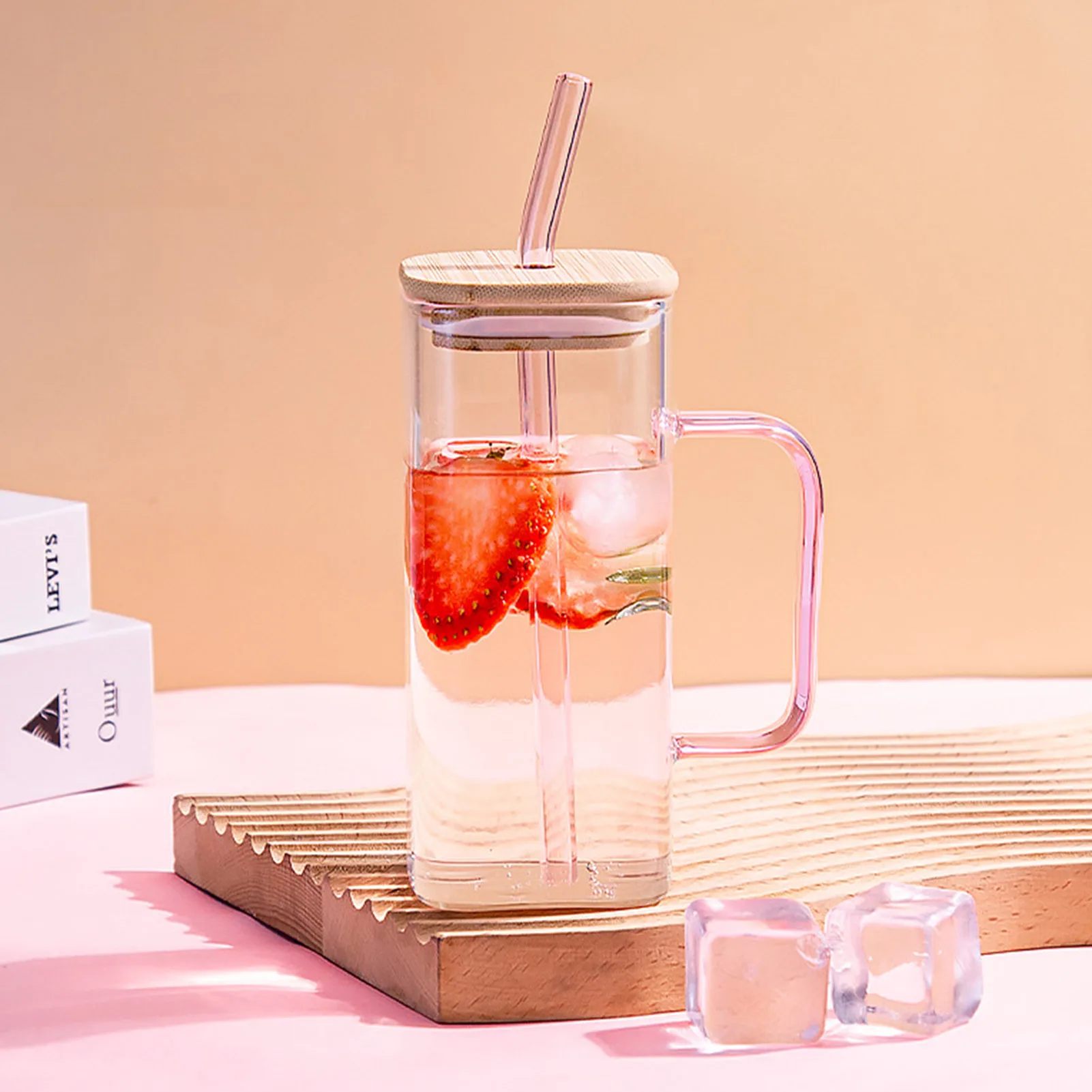 

400ml Square Glass Mug With Lid and Straw Breakfast Milk Cup Transparent Party Beer Ice Coffee Mug Tea Cup Juice Drinkware Glass