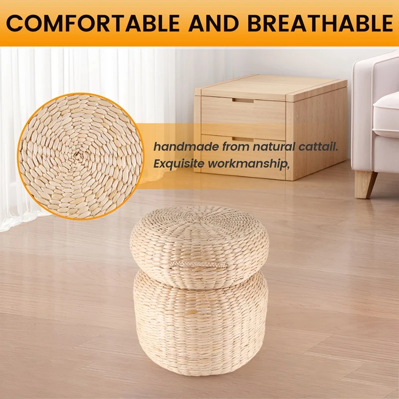 Futon Seat Cushion, Natural Straw Outdoor Floor Pillow, Round Floor Mat, Handmade Meditation Cushion