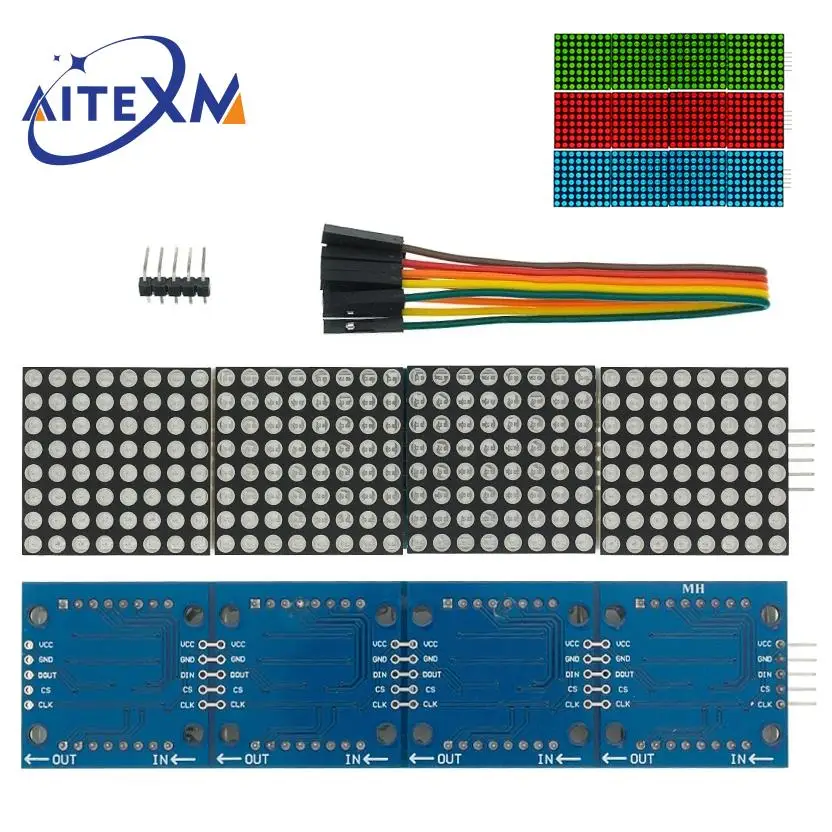 MAX7219 8x8 Dot Matrix Module Microcontroller 4 In One Display With 5P Line 4 in 1 Red/Green/Blue