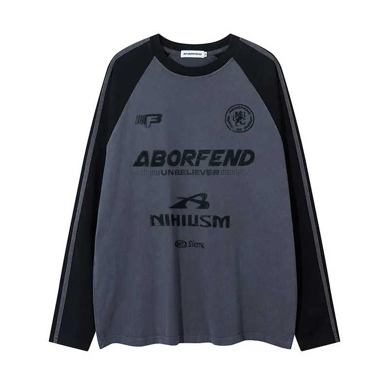 

Hip Hop T-shirts Man Japanese Streetwear Retro Striped Patchwork Printed Graphic Tees Spring Casual Loose Long Sleeve Tshirt Men