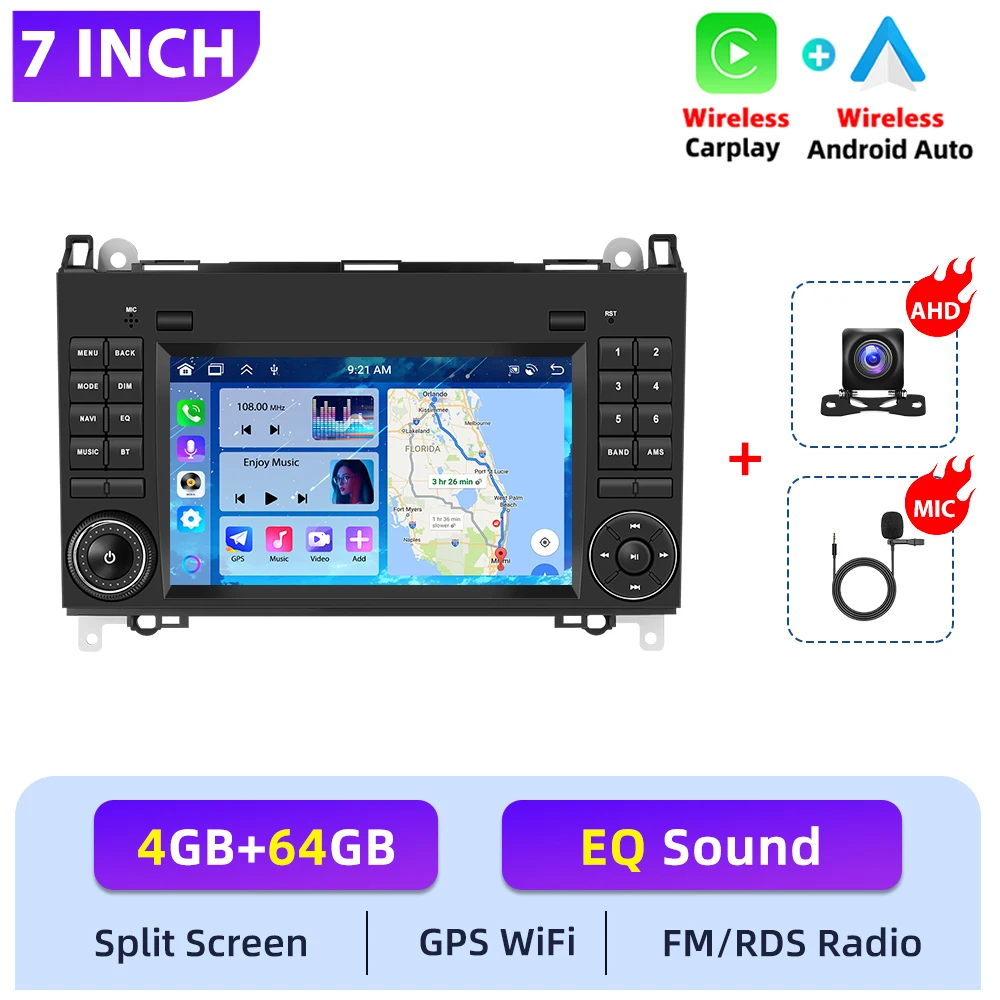 Podofo 2DIN 4+64G autoradio met Carplay voor Mercedes Benz B200 Sprinter A-klasse, GPS, Android Auto, WIFI, Mirror Link, intelligent systeem