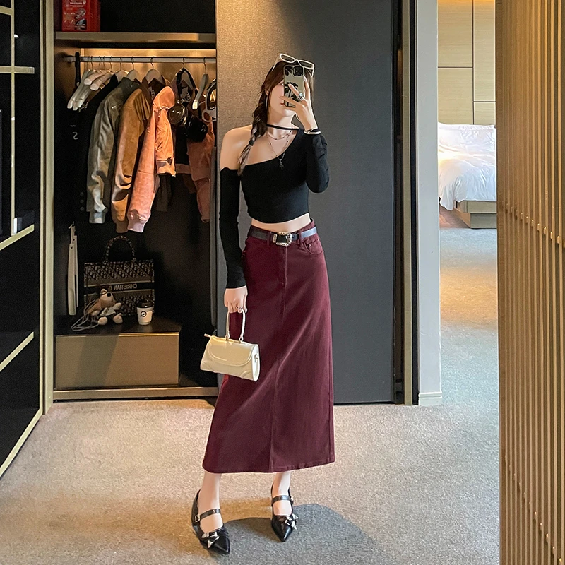 Fashion Red Denim Skirt Women Autumn New Style High Waist Slim All-match A-line Midi Skirt with Split