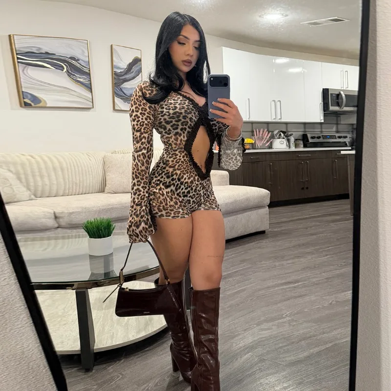 

Leopard Print Ruffles Patchwork See Through Mesh Playsuits Women Sexy Hollow Out V Neck Long Sleeve Night Club Romper Streetwear