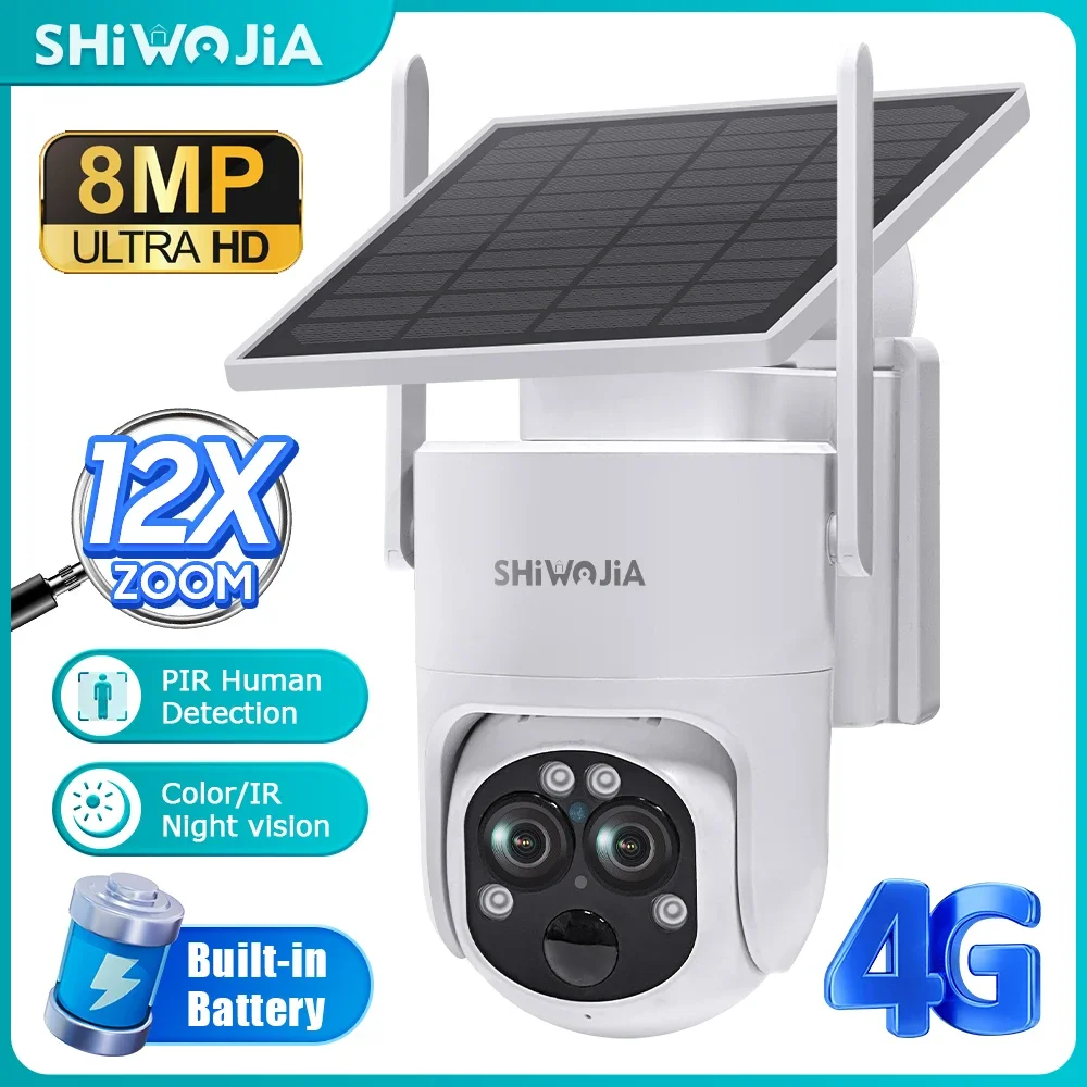 

SHIWOJIA Solar Camera 4G SIM/WIFI 4K 8MP 12X Zoom Dual Lens Security Protection Outdoor Humanoid Tracking CCTV Camera 7500mAh