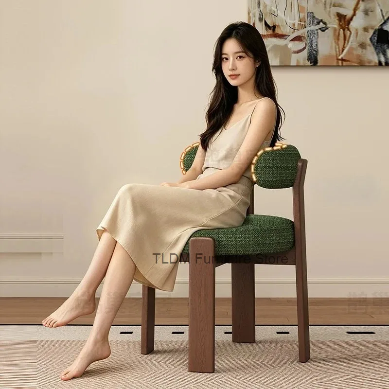 Modern Minimalist Solid Wood Backrest Chair, Antique Fabric Soft Pack Dining Chair, Household Dining Bench