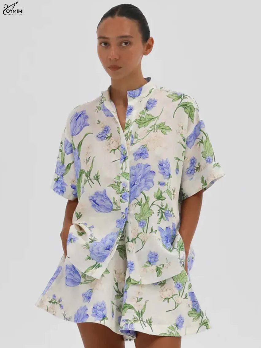 

Oymimi Casual Blue Print 2 Piece Sets Woman Outfit Autumn O-Neck Half Sleeve Button Shirts And High Waisted Pockets Shorts Sets