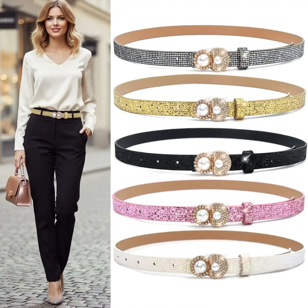 Bling Bling Sparkling Rhinestone Belt Versatile Luxury Brand Design PU Leather Belt Glitter Vintage Pearl Buckle Belt