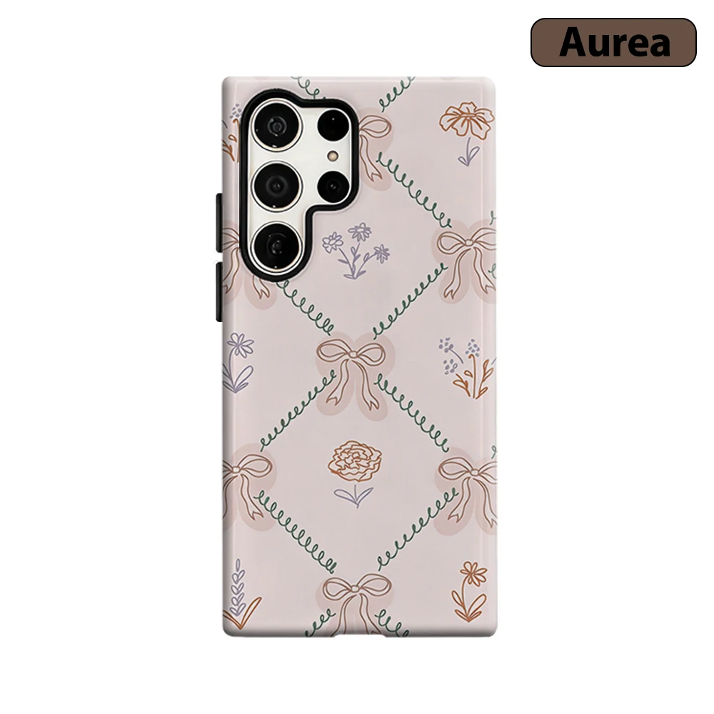 Bow Floral Grid Phone Case for Samsung Galaxy S26 S25 Ultra S24 S23 Ultra Plus Shockproof Double layer tough Back Cover
