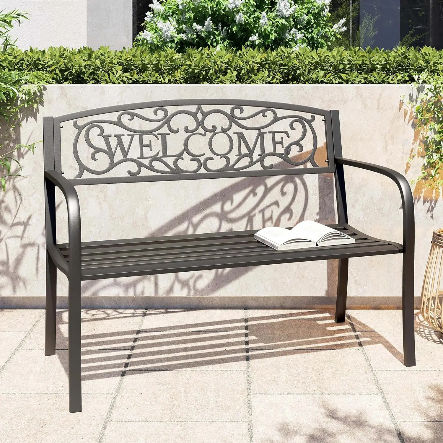 

Outdoor Garden Bench, 50 inch Cast Iron Metal Loveseat Chairs with Armrests for Park, Yard, Porch, Lawn, Balcony, Backyard,
