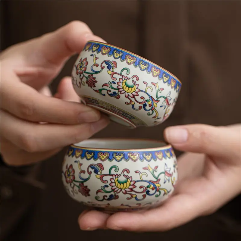 Colorful Interlocking Lotus Ceramic Tea Cup Ru Kiln Style Kung Fu Tea Tasting Cup Household Tea Drinking Teacup Table Drinkware