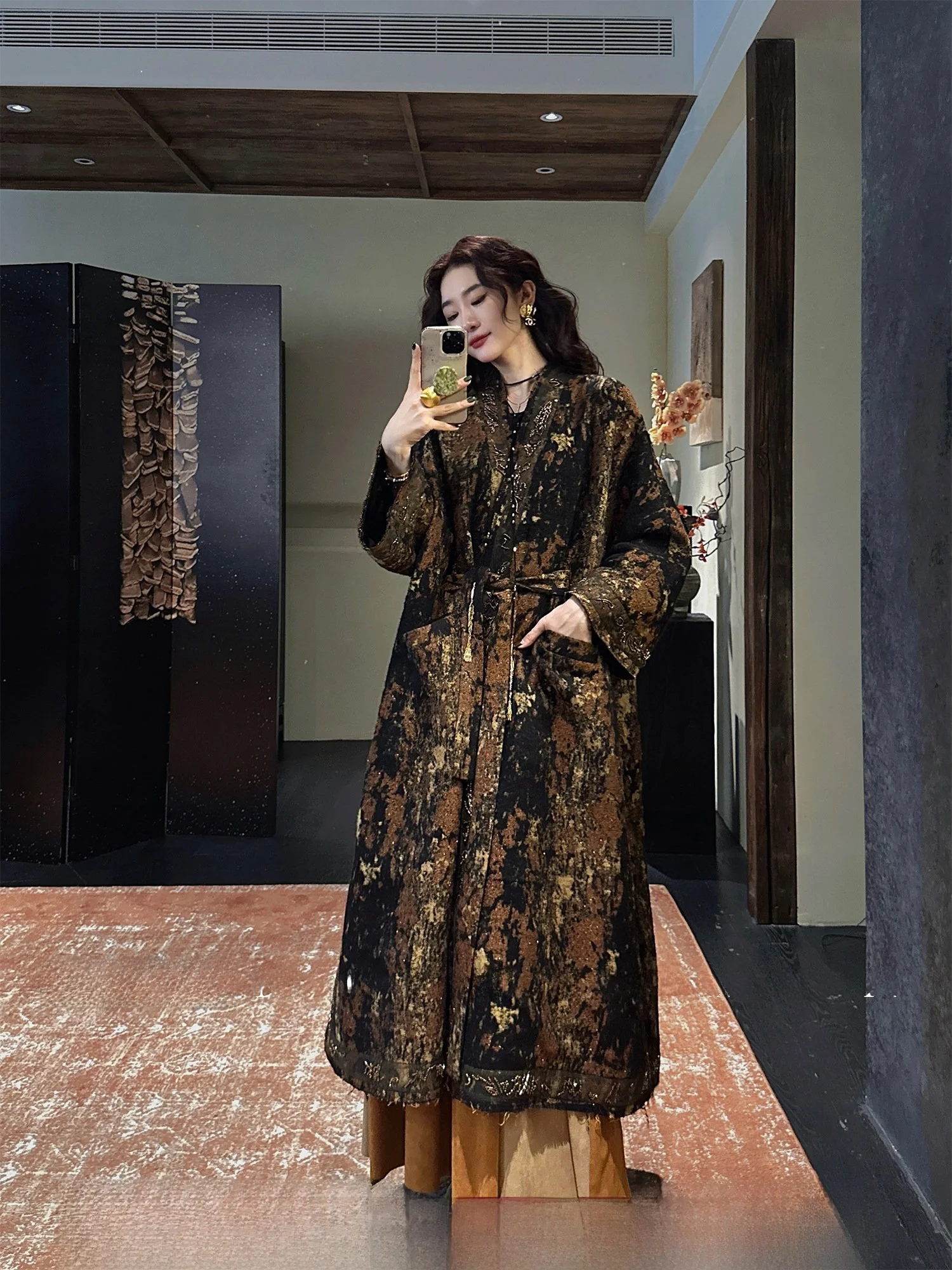 

Sanji Bla Flower Heavy Woolen Coat Chinese Sle Embroidered Gold Tead Medium Length Woolen Outerwear for Women