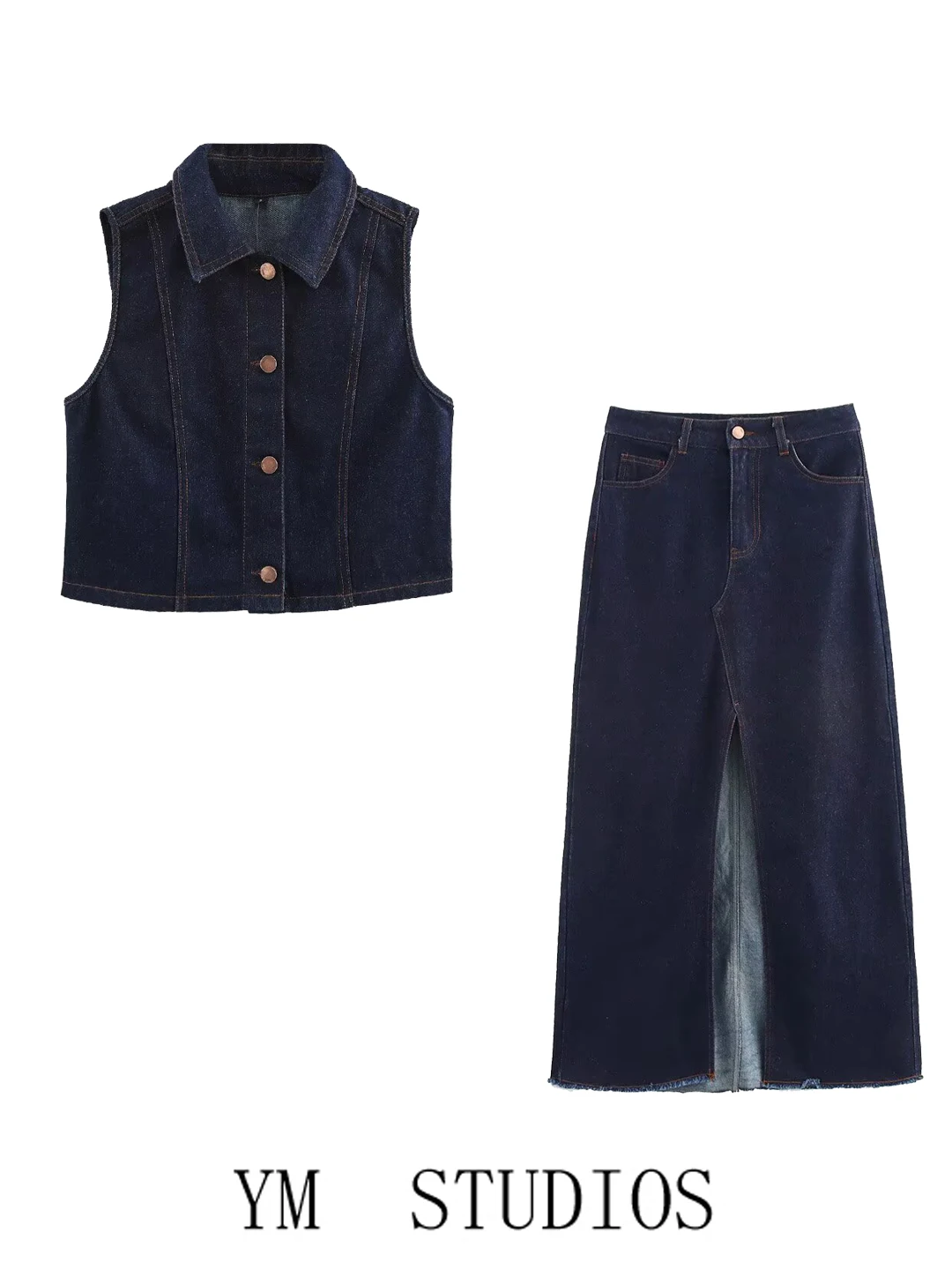 Women's High Waist Short Denim Vest Set with Front Slit  Skirt Long Skirt Cotton Polyester Blend Iron Free A-Line Skirt