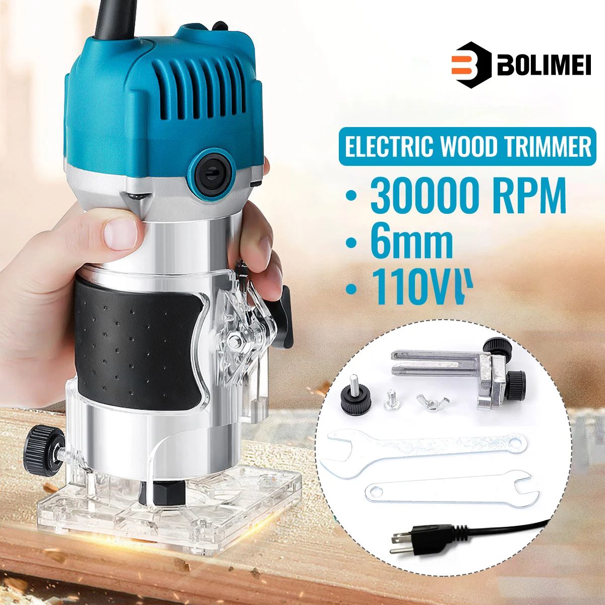 

BOLIMEI Blue 110V 800W Palm Router Electric Hand Trimmer Wood Router Collets Woodworking Tool Laminate Trimmer 30000RPM