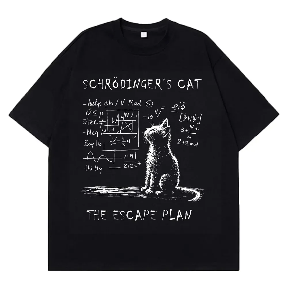 

Men's physics quantum mechanics cat creative print short-sleeved 100% pure cotton T-shirt, street casual wear loose clothing