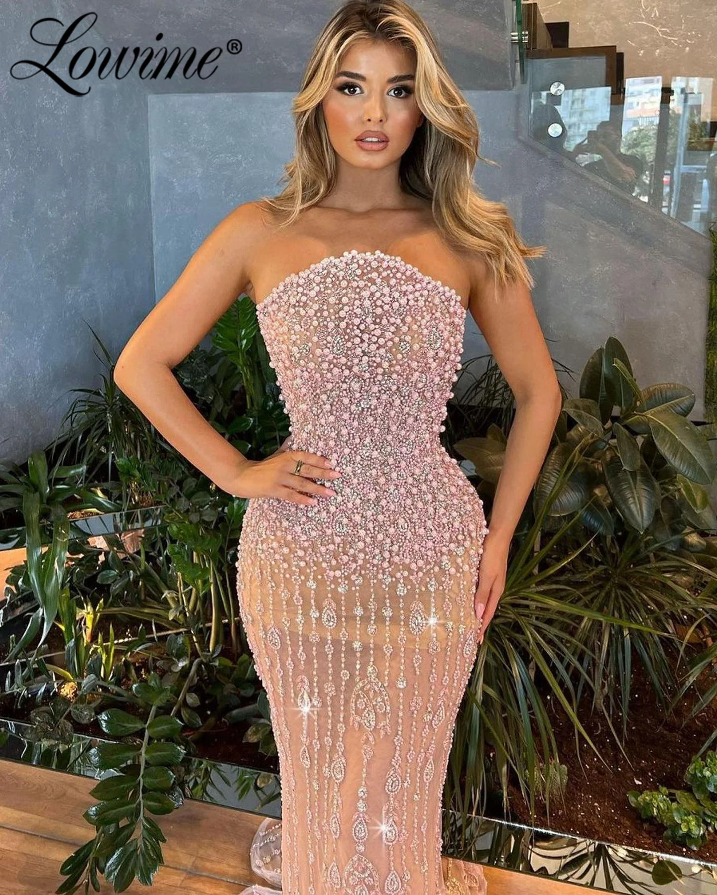 Pink Beaded Evening Dress Mermaid Strapless Long Prom Dresses Custom Made Party Second Reception Birthday Engagement Gowns Robes