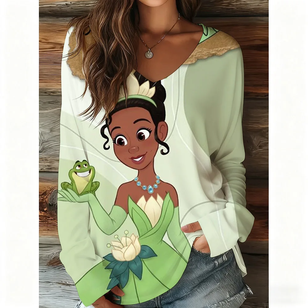 

Женская футболка с рисунком принцессы Диснея, модные топы с длинными рукавами и v-образным вырезом, обычные топы для отдыха на выходных, весна и осень