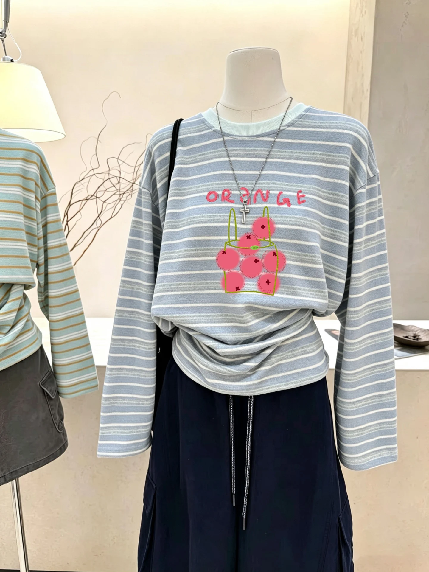 Loose Long Sleeve T-Shirt Women's Korean Style Rainbow Stripes Lazy Style Slimming Cover up Top Cotton Pure Autumn New Arrival