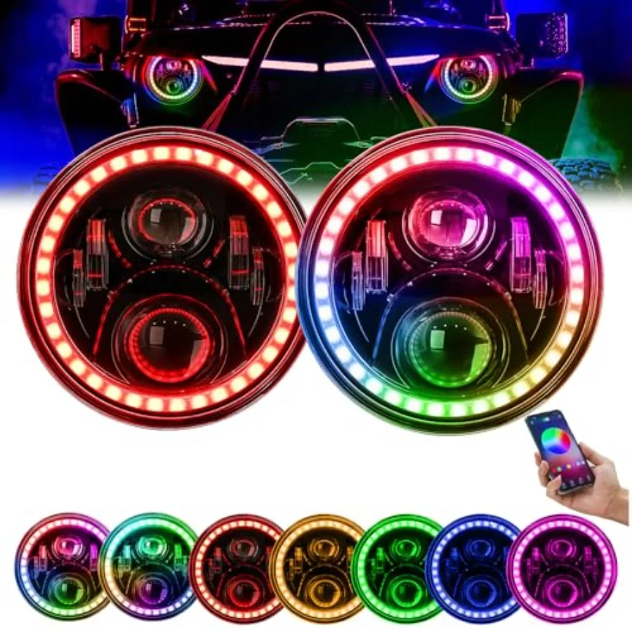 

7 Inch Round LED Headlight RGB Halo Angel Eyes DOT Approved for Wrangler JK TJ LJ CJ Sahara Sport Rubicon 1997-2017 2Pack Red B