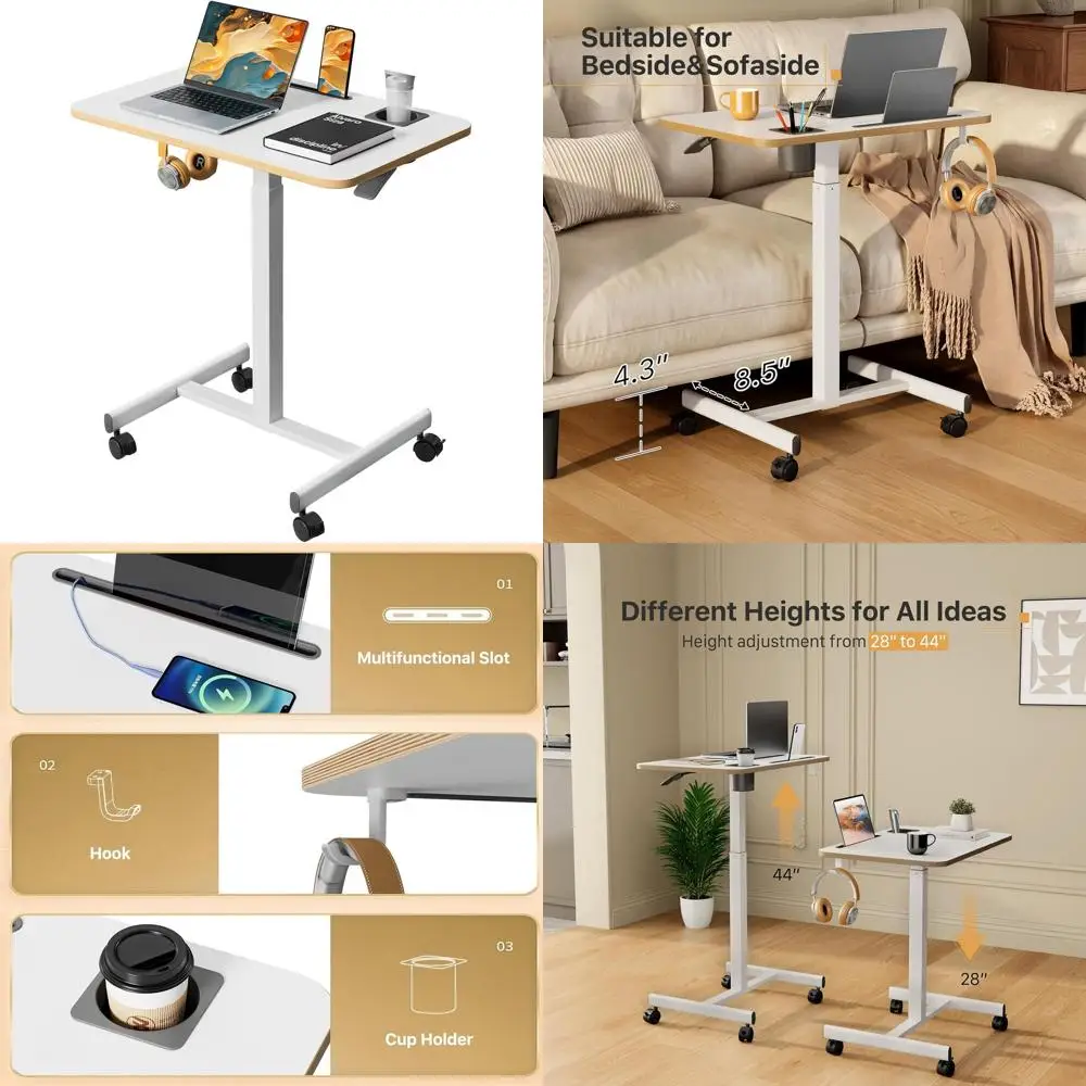

Adjustable Height Rolling Laptop Desk with Cup Holder, 28 Portable Table on Lockable Wheels for Home or Office