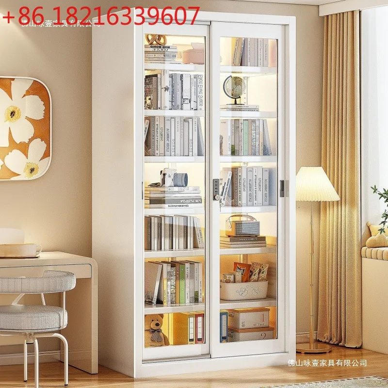 ตู้หนังสือบานเลื่อน ตู้โชว์บานเลื่อนพร้อมกุญแจ ตู้โชว์กันฝุ่น ชั้นวางหนังสือเด็ก ประตูเหล็กกระจก