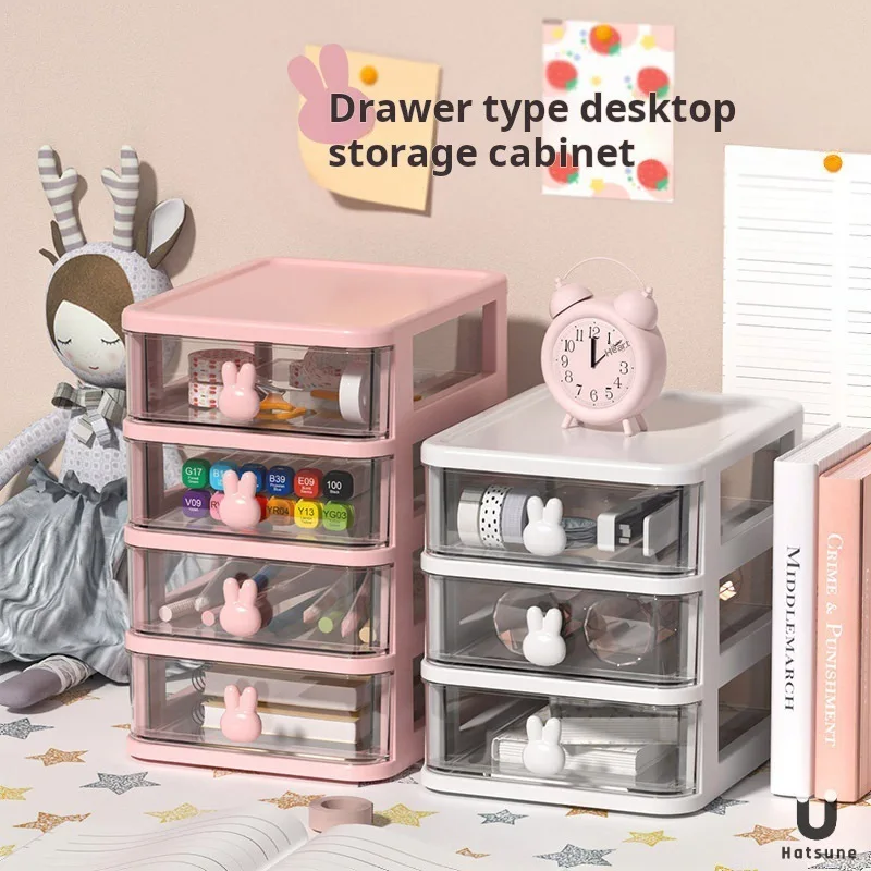 Desktop-Aufbewahrungsbox mit Kleiner Schublade, Niedlicher Hasen-Cartoon, Transparenter Kunststoff-Mini-Organizer für Schreibtisch, Schreibwaren und Kleinkram