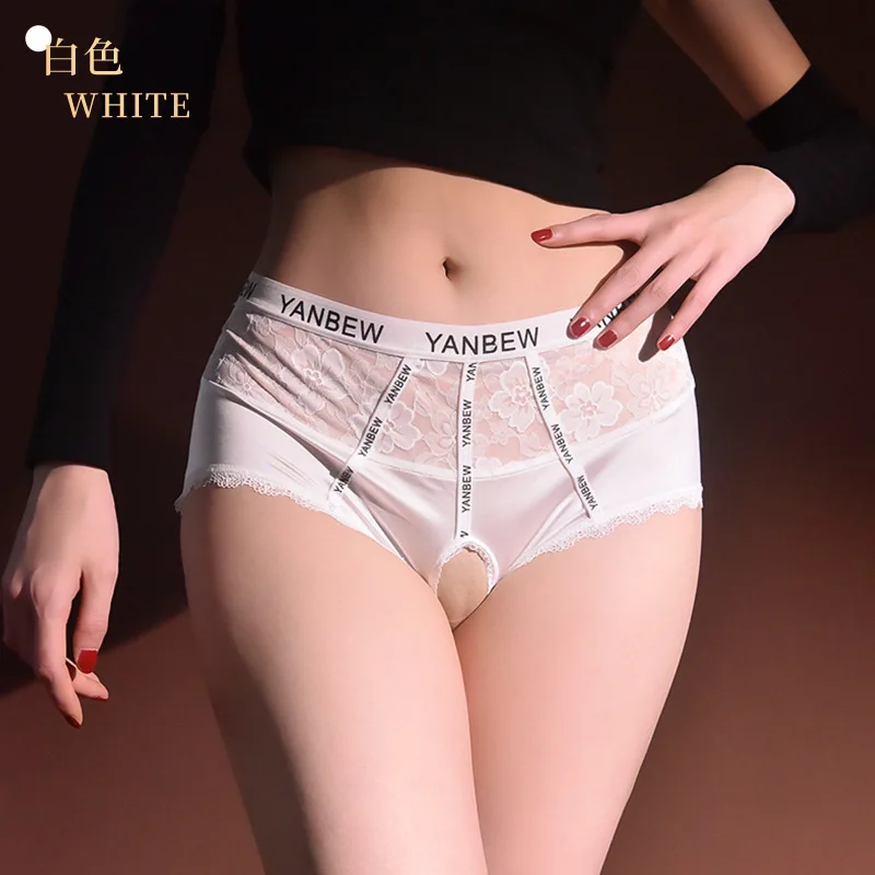 Roupa interior de cetim suave senhoras cuecas de virilha aberta ver através de renda lingerie erótica luxo lingerie de seda underpant macio