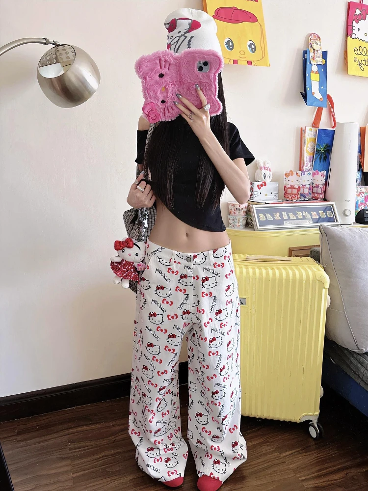 

Широкие джинсовые джинсы с мультяшным принтом, женские новые летние брюки 2023 года, брюки Dopne с высокой талией, длинные брюки