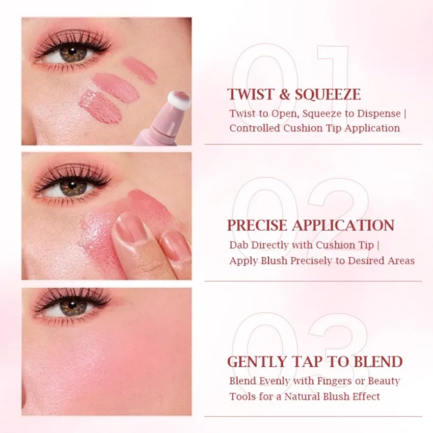 Fard à joues liquide Tube rose, 6 couleurs, marque privée, léger, longue durée, lisse, naturel, facile à appliquer, coussin, maquillage en vrac