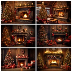 Christmas Fireplace Backdrop Vintage Xmas Tree Sock Gifts Customized Party Background Photography for Kid Portrait Studio Props