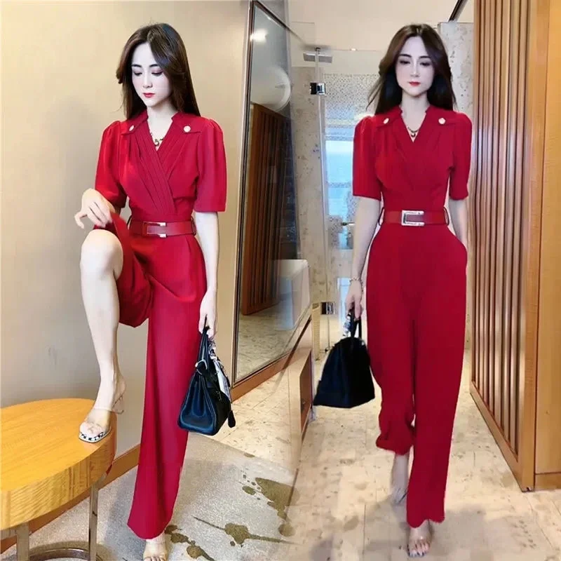 2025 Solid Jumpsuit Women's Summer Rompers New Short-Sleeved Waist Was Thin Wide-Leg Pant Jumpsuit Green Drape Sweet W26