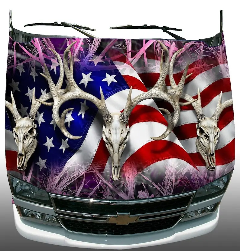 American flag buck pink obliteration grass camouflage vehicle hood wrap sticker vinyl graphic decal