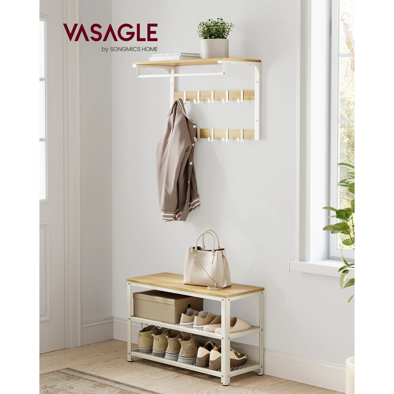 VASAGLE Shoe Bench, 2-Shelf Shoe Rack Organizer, 30 x 73 x 45 cm, Entryway Living Room Hallway, Steel Frame, Industrial Style