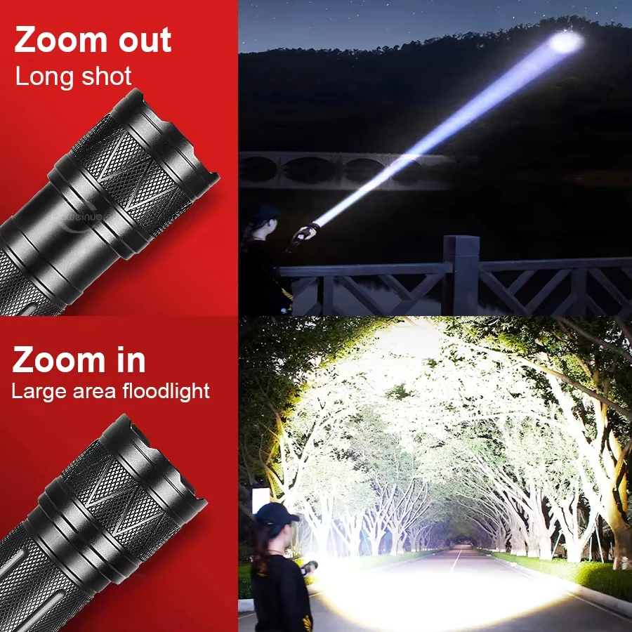 مصباح يدوي LED فائق السطوع 50000LM، شعلة تكتيكية قابلة لإعادة الشحن بقدرة 12000 مللي أمبير في الساعة، تركيز قابل للتعديل للتخييم والمشي لمسافات طويلة في حالات الطوارئ