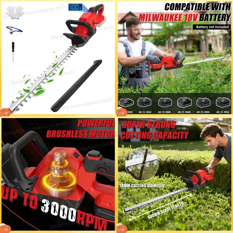 Hedge Trimmer 3000RPM Cordless Garden Trimmer 180° Rotatable Handle Power Tool Compatible with Milwaukee