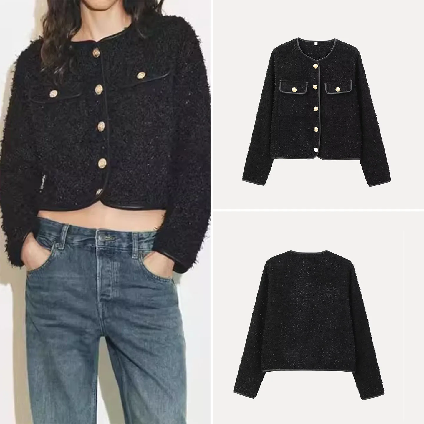 

Fall 2025 New Women's Faion Jaet Metal Color Line Texture Outerwear Loose Fit Long Sve round Ne ort Coat Z