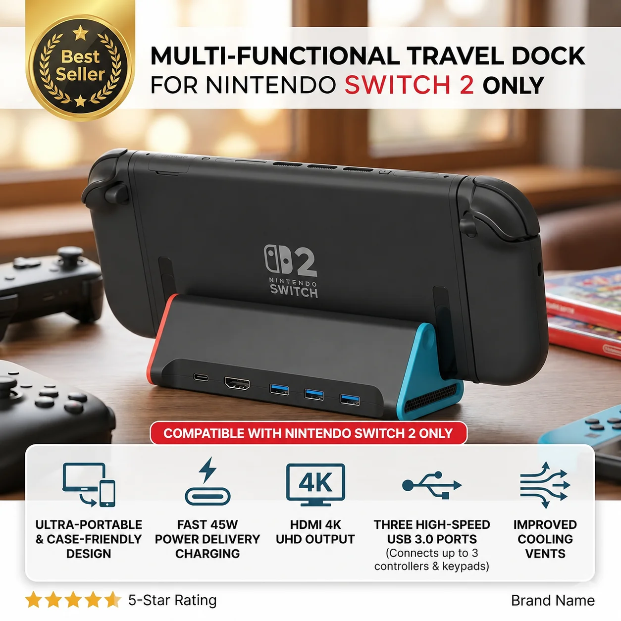 Estação de Ancoragem e Hub para Switch 2 com Conversor HDMI 4K 60Hz, Carregamento Rápido e Acessório para Jogos