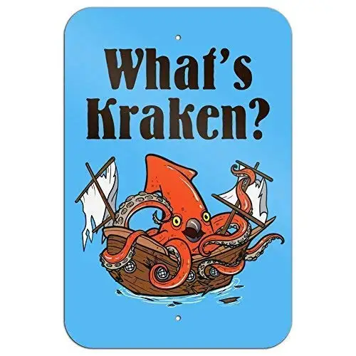 Vincenicy Metal Sign Great Aluminum Tin Sign What's Kraken Giant Squid Destroying Ship Home Business Office Metal Sign