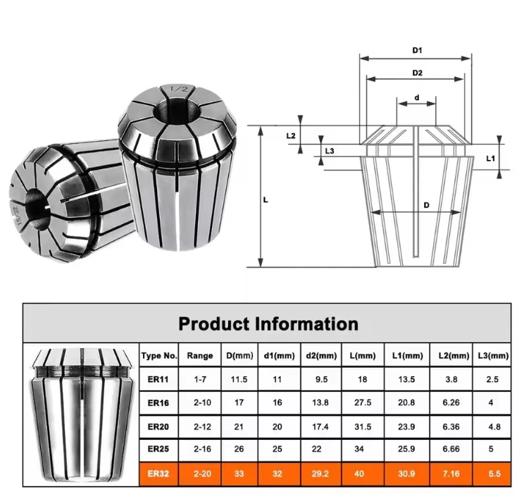 ER11 ER16 ER20 ER25 ER32 ER spring collet chuck Precision 0.008mm for CNC milling tool Engraving machine spindle motor Collets
