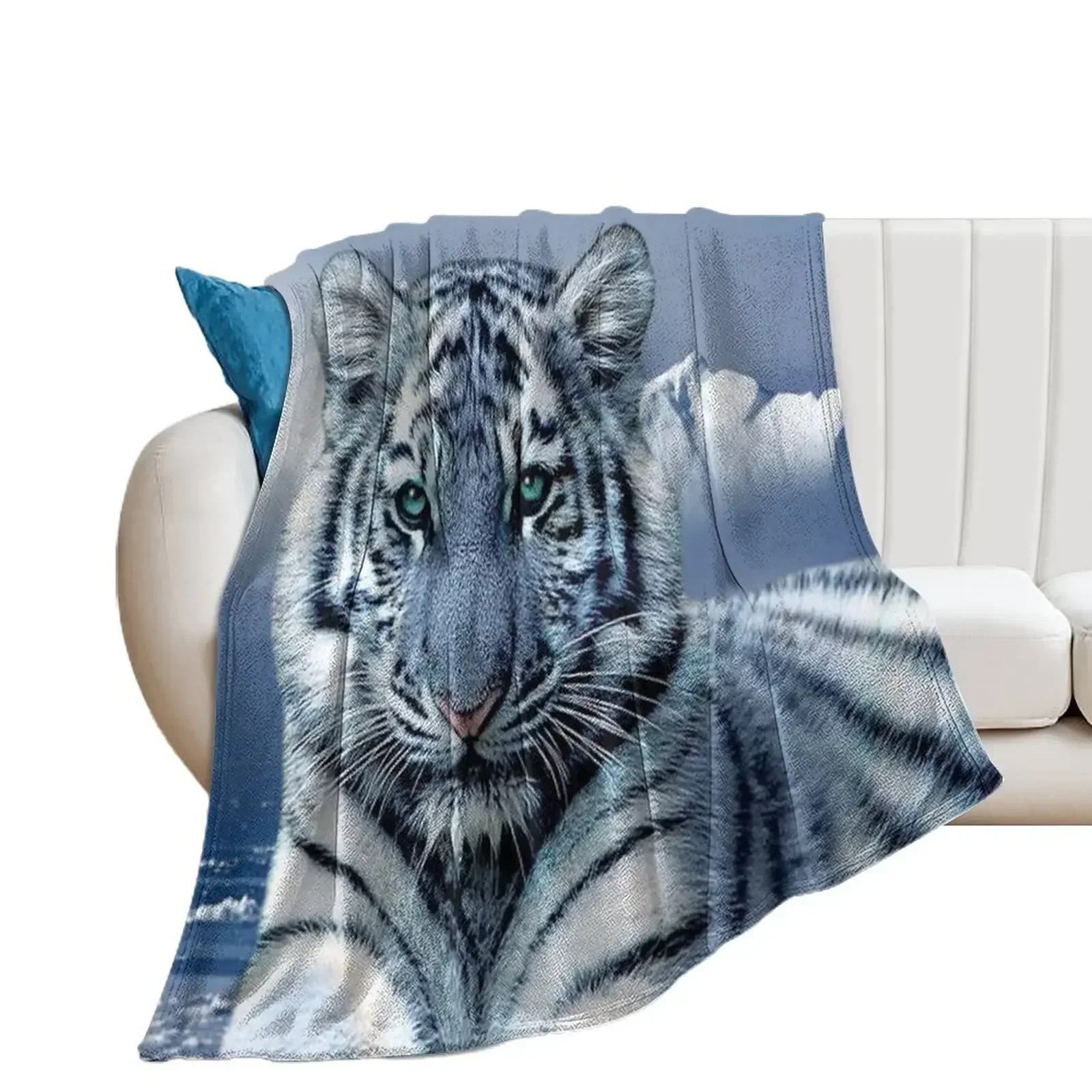 

Blue White Tiger Throw Blanket bed plaid Flannel Fabric Retros Blankets