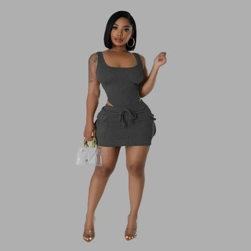 Two Piece Skirt Sets Women Striped Sleeveless Sling Top V Neck Wrap Hip Mini Skirts Drawstring Slim Fit Elegant Lady Summer