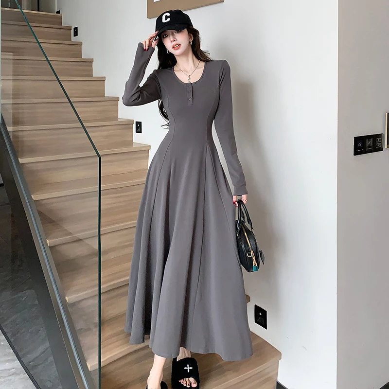 Coigarsam Women's Dress 2024 French Style Solid Knitted Long Sleeve High Waist Gray Black Coffee Dresses