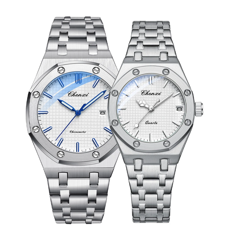 CHENXI Simple Casual Fashion Men Women Couple Watch Calendar Waterproof Luminous Silver Stainless Steel Quartz Couples Watches