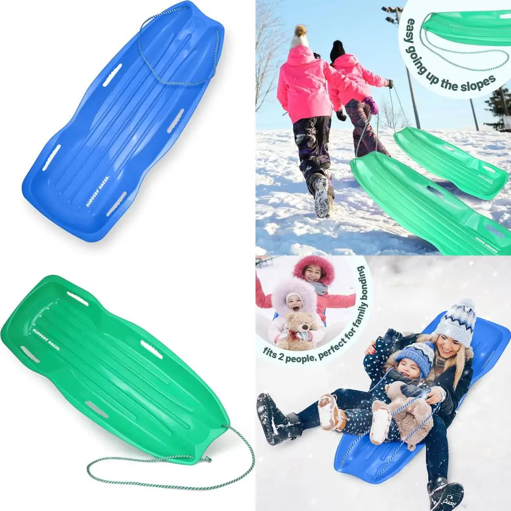 

Flexible Plastic Toboggan Snow Sled for Adults and Kids, Up to 2 Riders, with Pull Rope and Handles (Blue/Green)